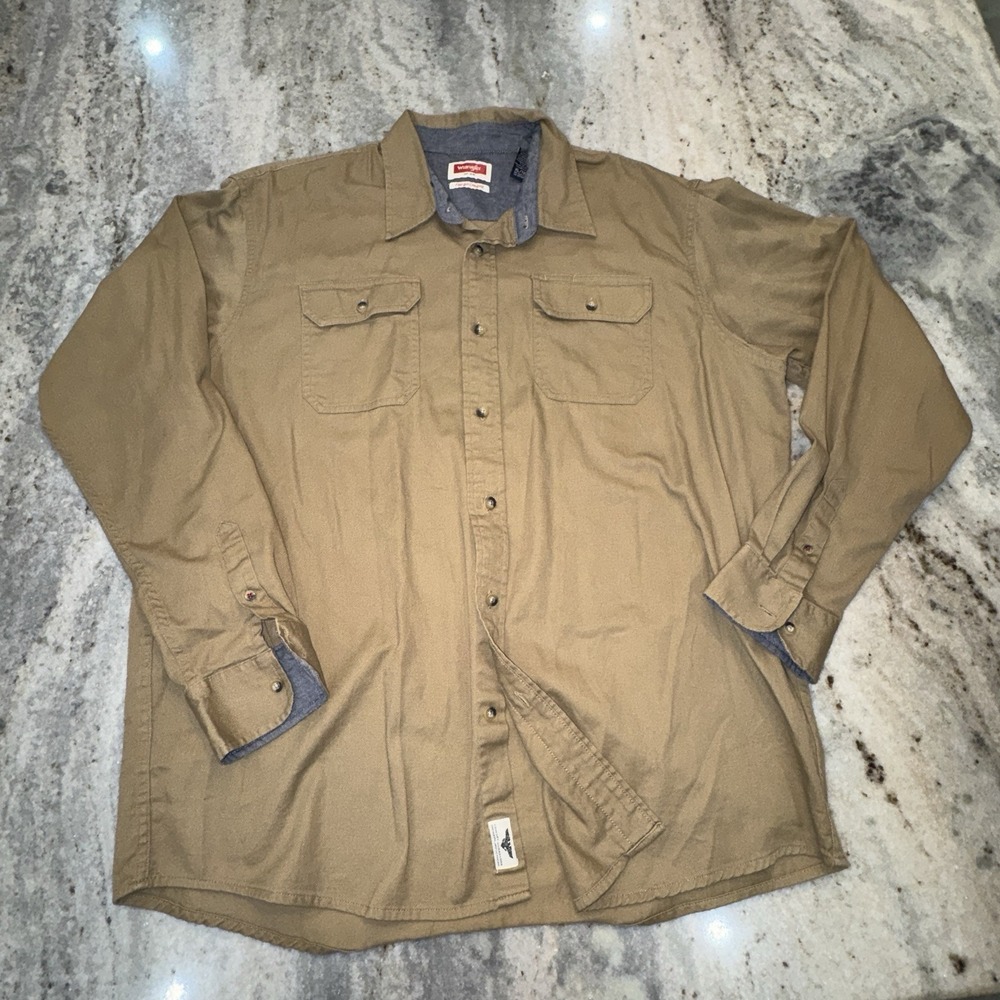 Wrangler Flex Men's XL Khaki Brown Button Down Shirt Workwear Comfort Cotton